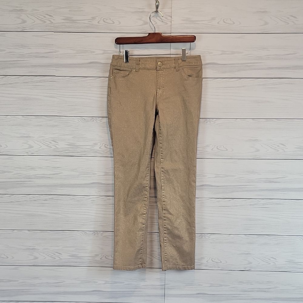 Chico's Platinum Gold Shimmer Straight Leg Jeans Womens Size S (Chicos 00)
